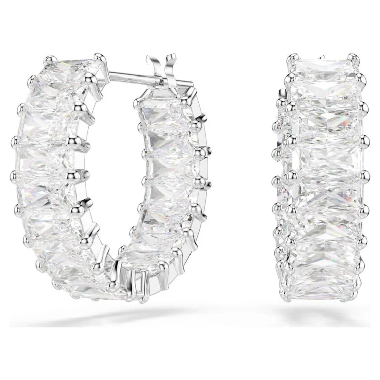 Matrix hoop earrings Baguette cut, White, Rhodium plated