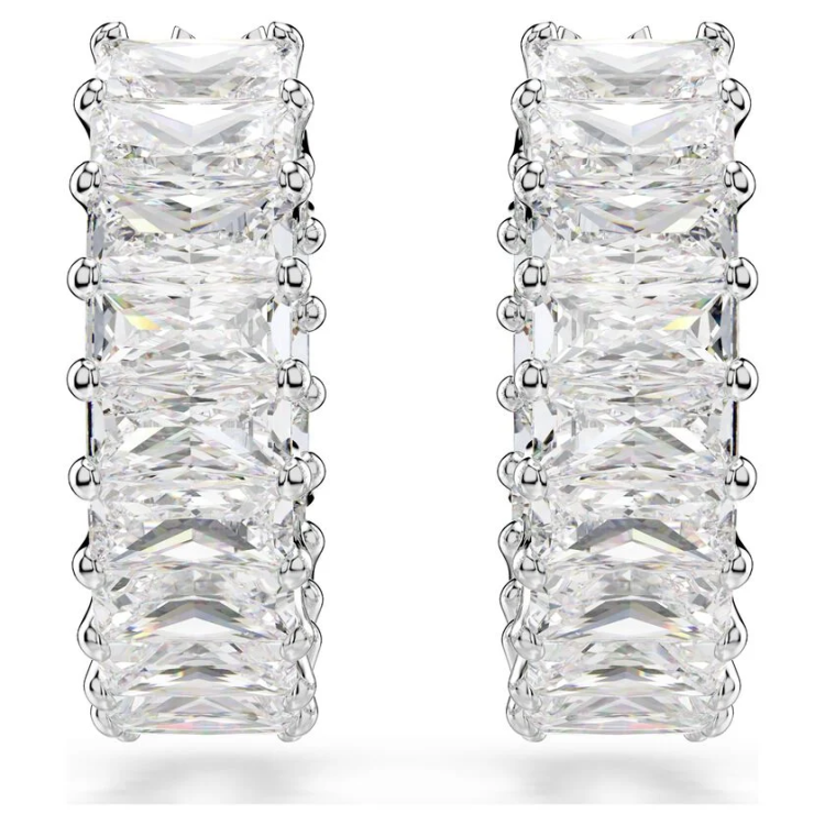 Matrix hoop earrings Baguette cut, White, Rhodium plated