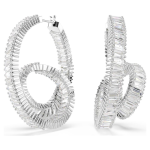 Matrix hoop earrings Baguette cut, Ribbon, White, Rhodium plated