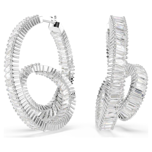 Matrix hoop earrings Baguette cut, Ribbon, White, Rhodium plated