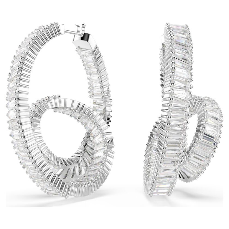 Matrix hoop earrings Baguette cut, Ribbon, White, Rhodium plated