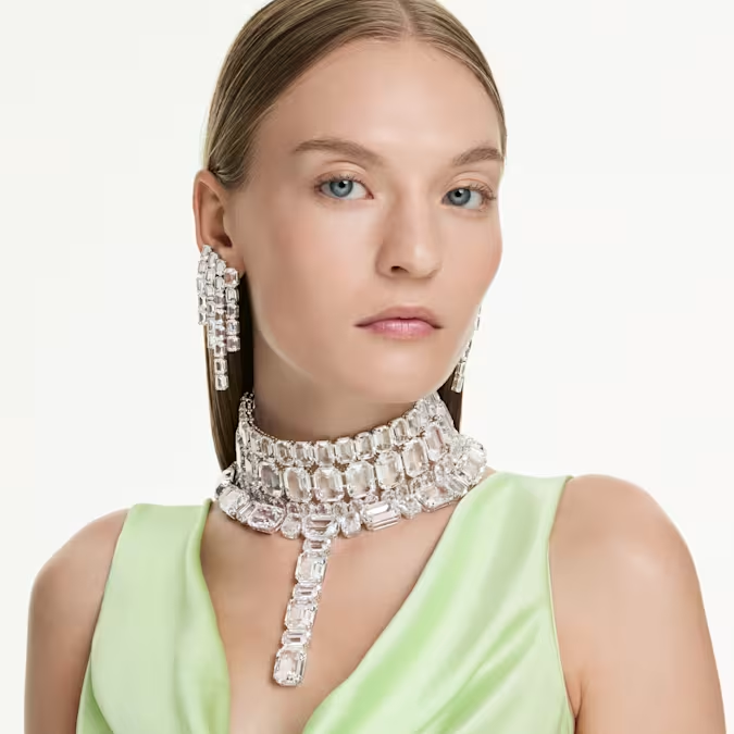 Millenia clip earrings Octagon cut, Chandelier, White, Rhodium plated