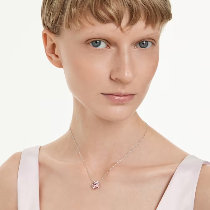 Bella V pendant Round cut, Pink, Rhodium plated