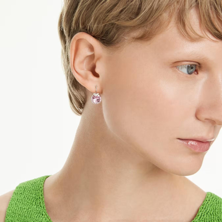 Bella drop earrings Round cut, Pink, Rhodium plated
