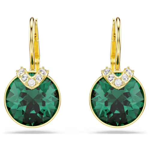 Bella V drop earrings Round cut, Green, Gold-tone plated