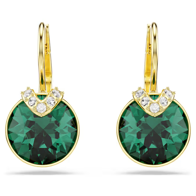 Bella V drop earrings Round cut, Green, Gold-tone plated