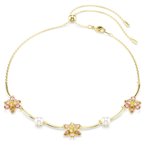 Idyllia necklace Crystal pearl, Mixed cuts, Flower, Multicolored, Gold-tone plated