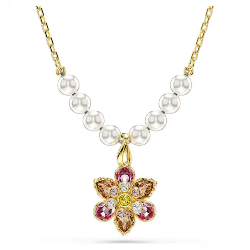 Idyllia pendant Crystal pearl, Mixed cuts, Flower, Multicolored, Gold-tone plated