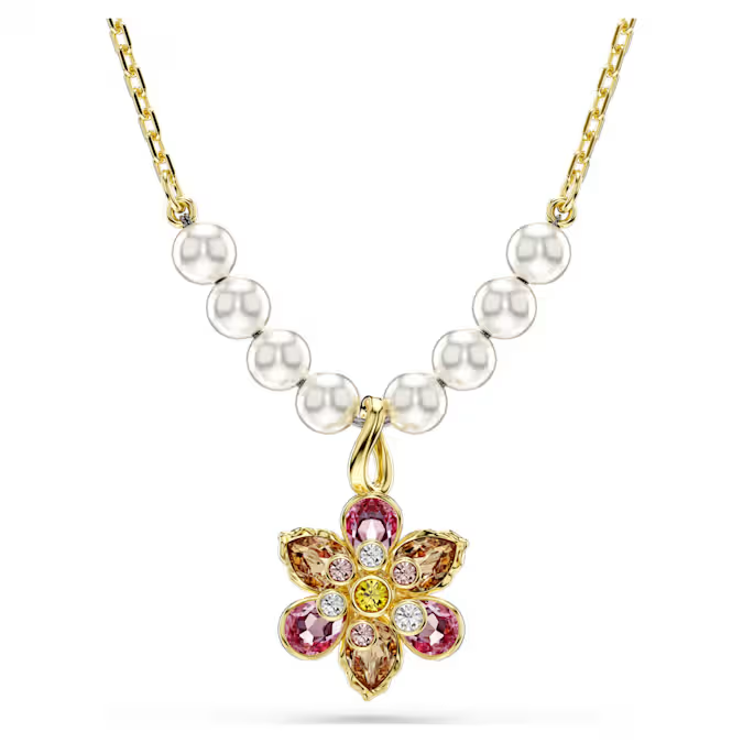 Idyllia pendant Crystal pearl, Mixed cuts, Flower, Multicolored, Gold-tone plated