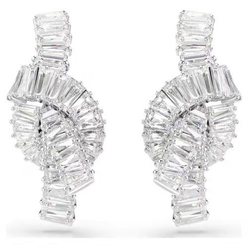 Matrix earrings Baguette cut, Knot, White, Rhodium plated