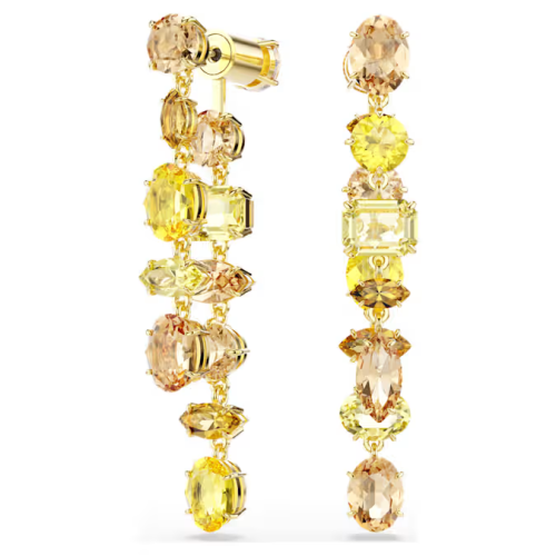 Gema drop earrings Asymmetrical design, Mixed cuts, Long, Yellow, Gold-tone plated