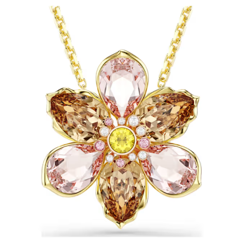 Idyllia pendant and brooch Mixed cuts, Flower, Multicolored, Gold-tone plated