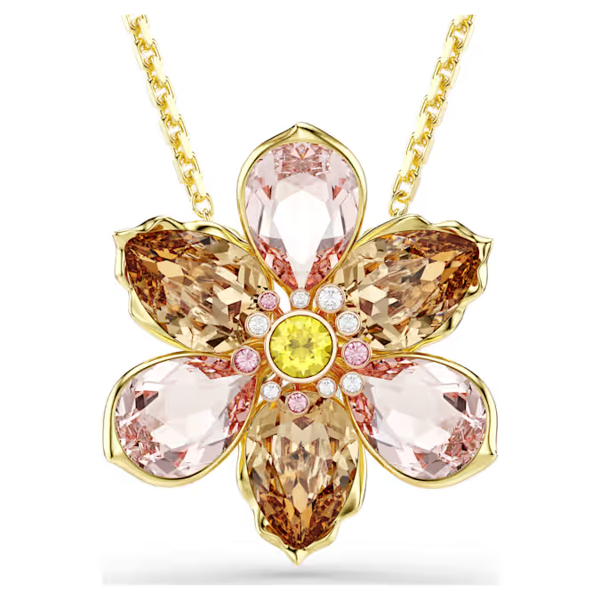 Idyllia pendant and brooch Mixed cuts, Flower, Multicolored, Gold-tone plated
