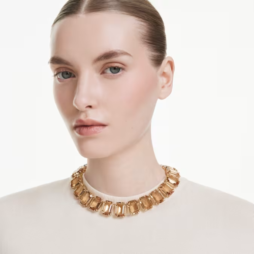 Millenia Tennis necklace Oversized crystals, Octagon cut, Caramel, Gold-tone plated