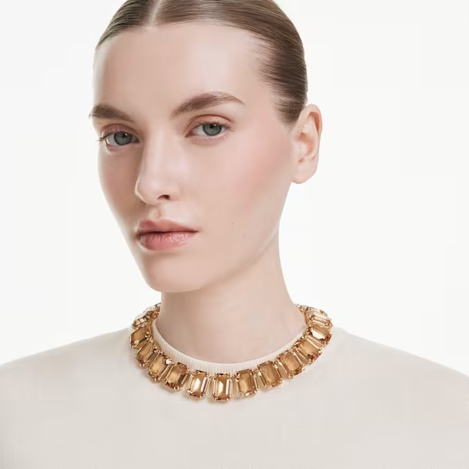 Millenia Tennis necklace Oversized crystals, Octagon cut, Caramel, Gold-tone plated