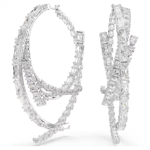 Matrix hoop earrings Mixed cuts, White, Rhodium plated