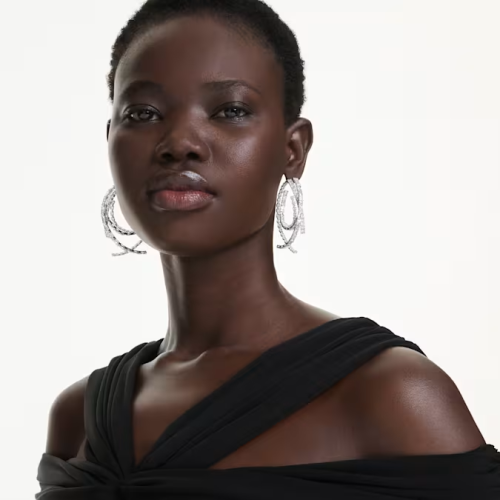 Matrix hoop earrings Mixed cuts, White, Rhodium plated