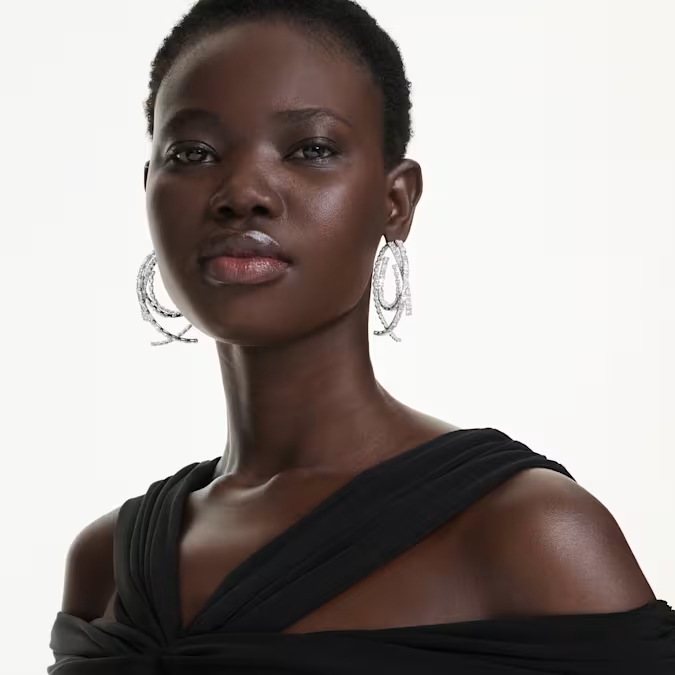 Matrix hoop earrings Mixed cuts, White, Rhodium plated