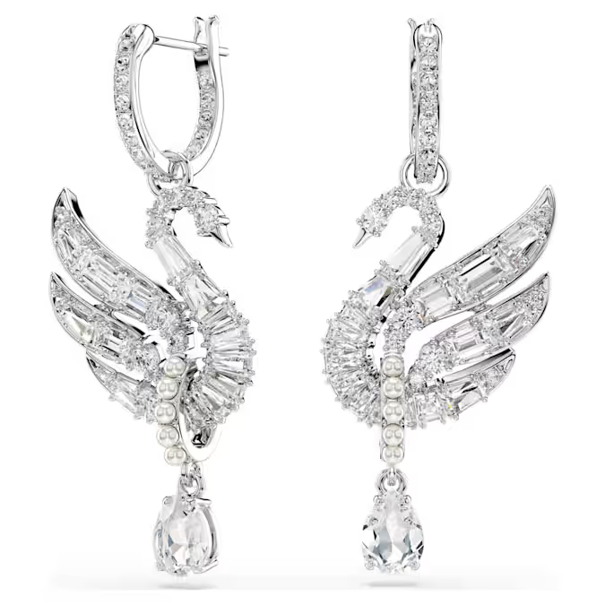 Swan earrings Swan, White, Rhodium plated