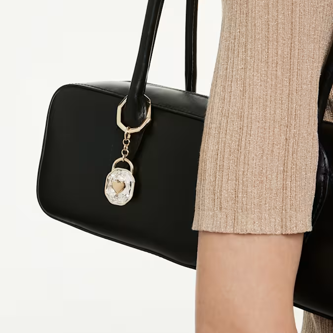 Key ring Oval cut, White, Gold-tone plated