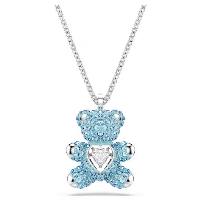Teddy pendant Bear, Blue, Rhodium plated