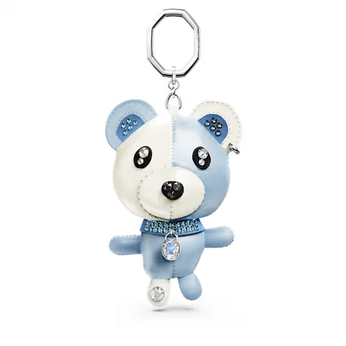 Teddy bag charm Bear, Blue, Rhodium plated