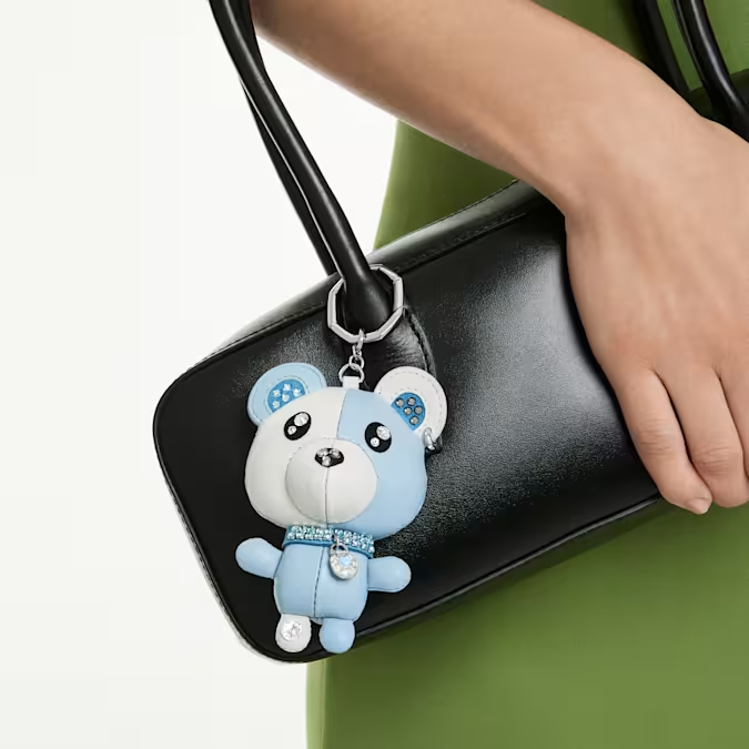 Teddy bag charm Bear, Blue, Rhodium plated
