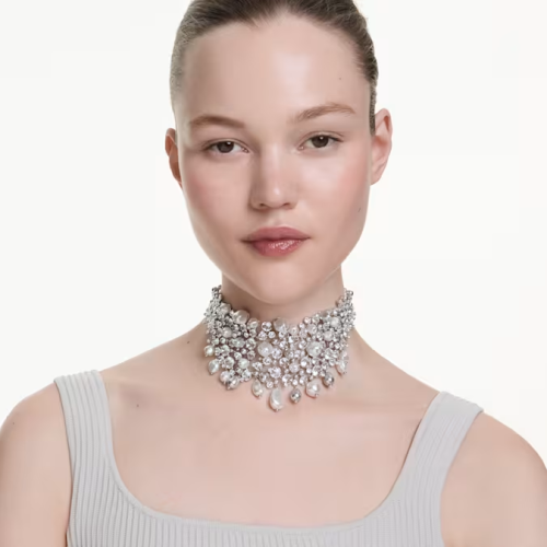 Constella choker Crystal pearl, Round cut, White, Rhodium plated