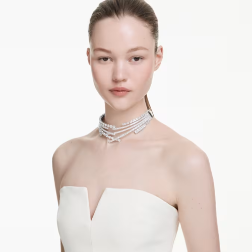 Matrix choker Mixed cuts, White, Rhodium plated