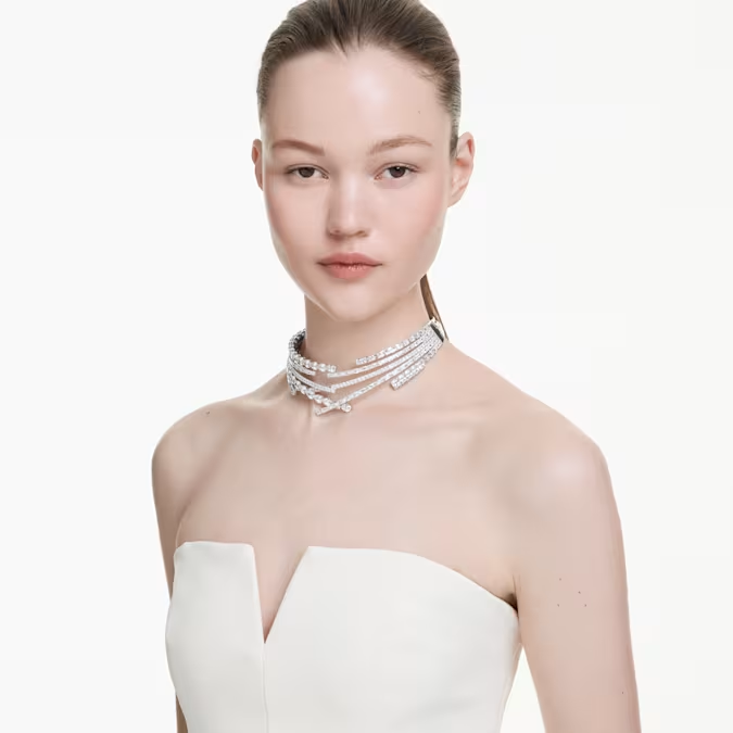 Matrix choker Mixed cuts, White, Rhodium plated