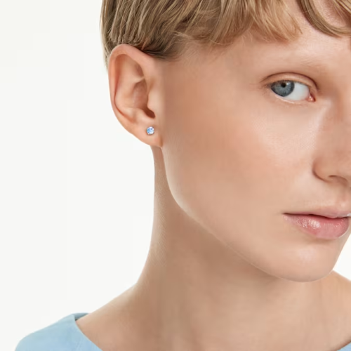 Silla stud earrings Round cut, Blue, Rhodium plated