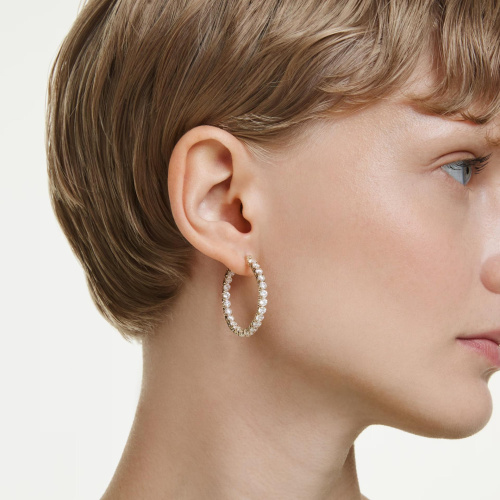 Matrix hoop earrings Round cut, White, Gold-tone plated