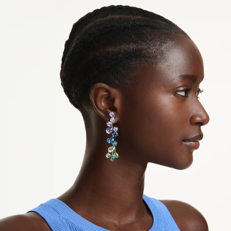 Gema drop earrings Mixed cuts, Chandelier, Long, Multicolored, Gold-tone plated