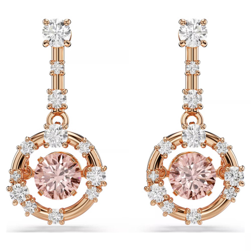 Constella drop earrings Round cut, Dancing stone, Pink, Rose gold-tone plated
