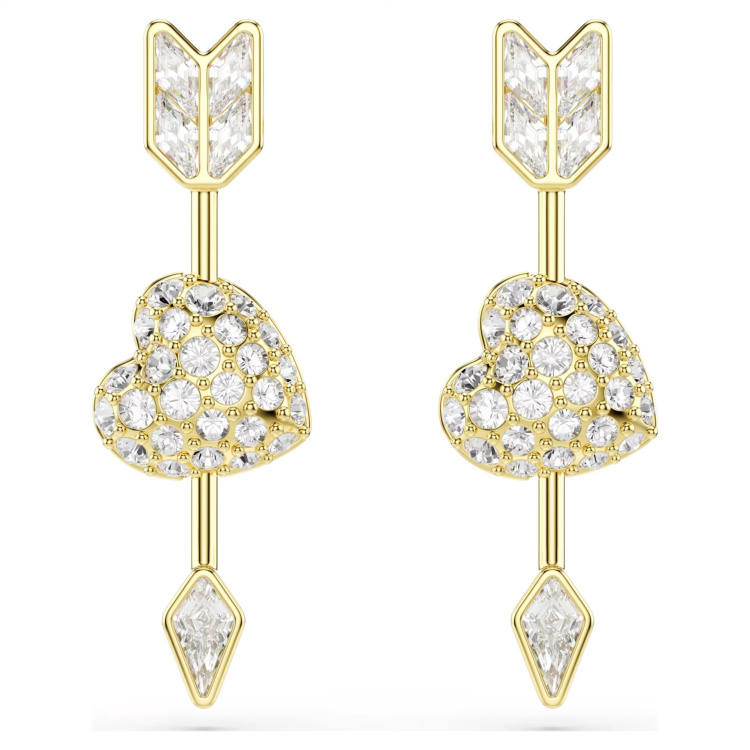 Idyllia drop earrings Mixed cuts, Heart with arrow, White, Gold-tone plated