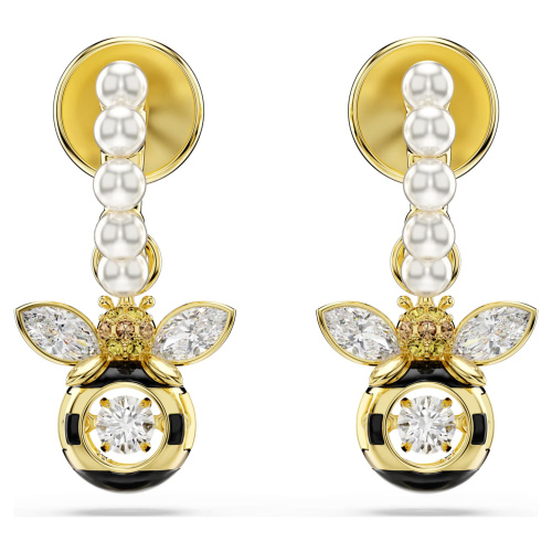 Idyllia drop earrings Crystal pearl, Mixed cuts, Bee, Multicolored, Gold-tone plated