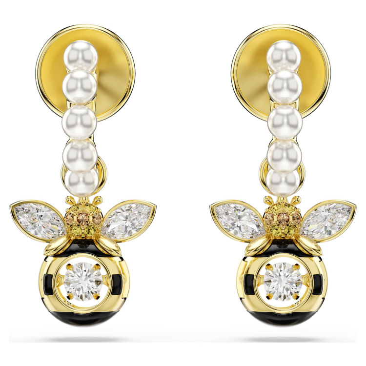 Idyllia drop earrings Crystal pearl, Mixed cuts, Bee, Multicolored, Gold-tone plated