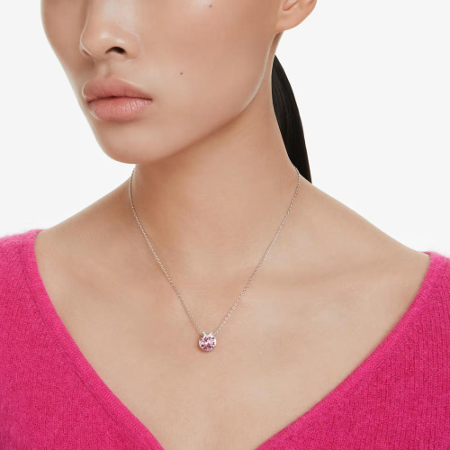 Bella V pendant Round cut, Pink, Rhodium plated