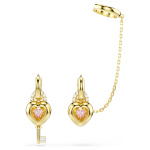 Idyllia drop earrings with ear cuff Mixed cuts, Heart with key, Pink, Gold-tone plated