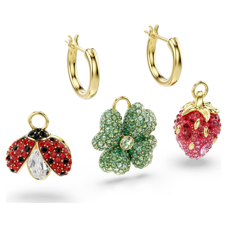 Idyllia drop earrings Set (3), Ladybug, Clover, Strawberry, Multicolored, Gold-tone plated