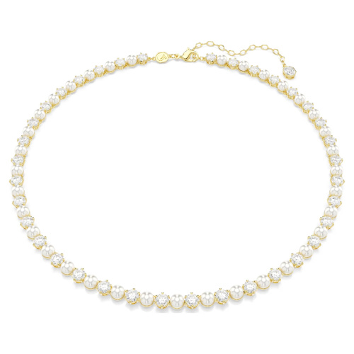 Matrix Tennis necklace Crystal pearl, Round cut, White, Gold-tone plated