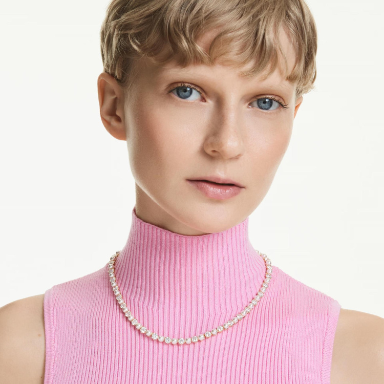 Matrix Tennis necklace Crystal pearl, Round cut, White, Gold-tone plated