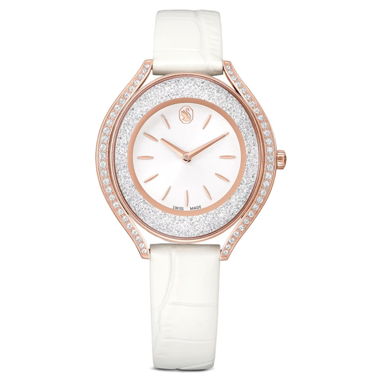Crystalline aura watch Swiss Made, Leather strap, White, Rose gold-tone finish