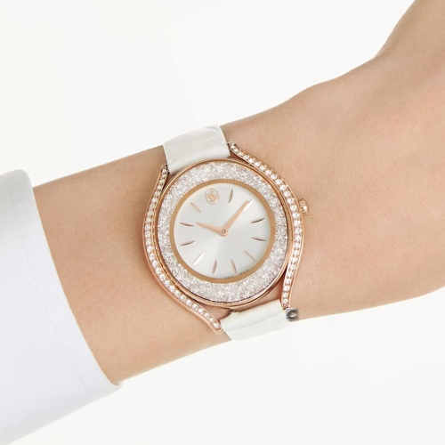 Crystalline aura watch Swiss Made, Leather strap, White, Rose gold-tone finish
