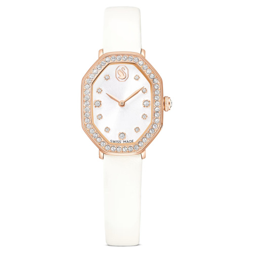 Dextera octagon watch Swiss Made, Leather strap, White, Rose gold-tone finish