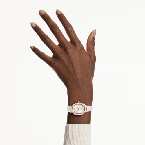 Dextera octagon watch Swiss Made, Leather strap, White, Rose gold-tone finish