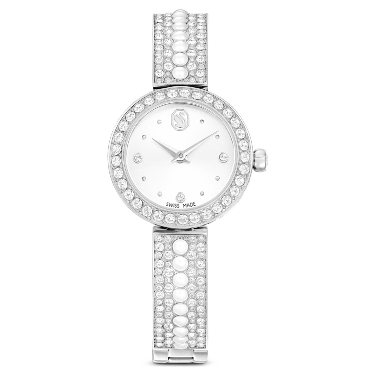 Matrix pearl bangle watch Swiss Made, Crystal bracelet, White, Stainless steel