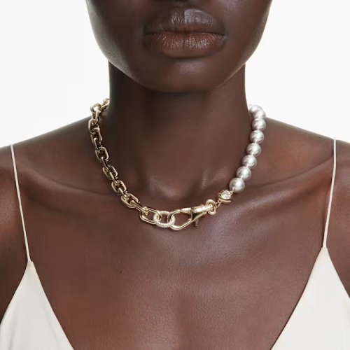 Idyllia necklace Crystal pearl, White, Gold-tone plated