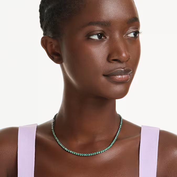 Matrix Tennis necklace Round cut, Green, Ruthenium plated