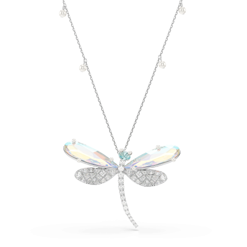 Ariana Grande x Swarovski pendant and brooch, Mixed cuts, Dragonfly, Green, Rhodium plated